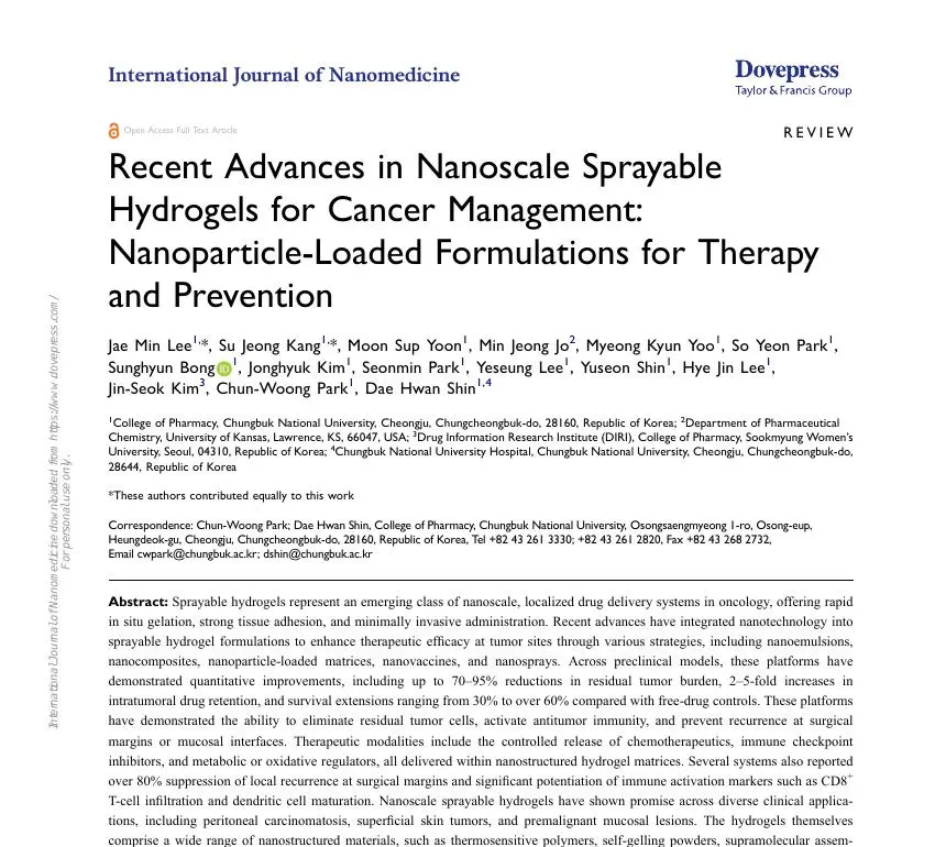 Recent Advances in Nanoscale Sprayable Hydrogels for Cancer Management: Nanoparticle-Loaded Formulations for Therapy and Prevention 논문 이미지